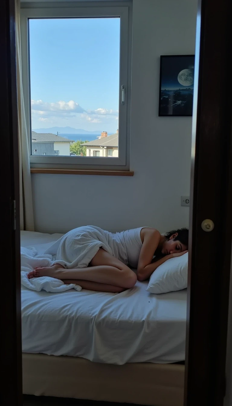  third-person candid, bedroom doorway view, early-morning blue light, she’s fast asleep on her side facing the window, white T-shirt draped loosely, duvet half-fallen to reveal one bare leg, messy hair across pillow, soft breathing visible, captured on boyfriend’s phone from a respectful distance, slight ISO grain and hand-held wobble, pure cozy intimacy 
