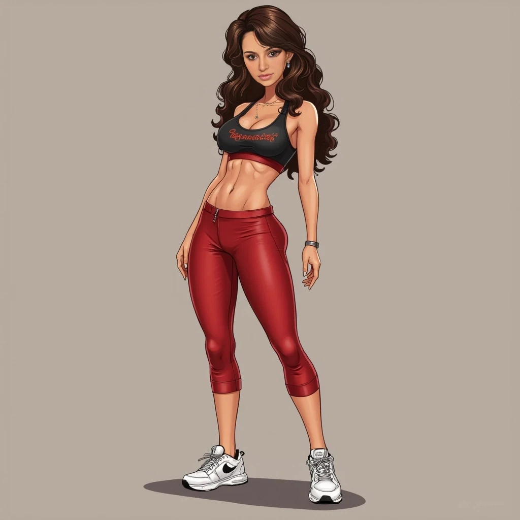 cute woman, hot pants, sneakers, sports bra, brunette hair