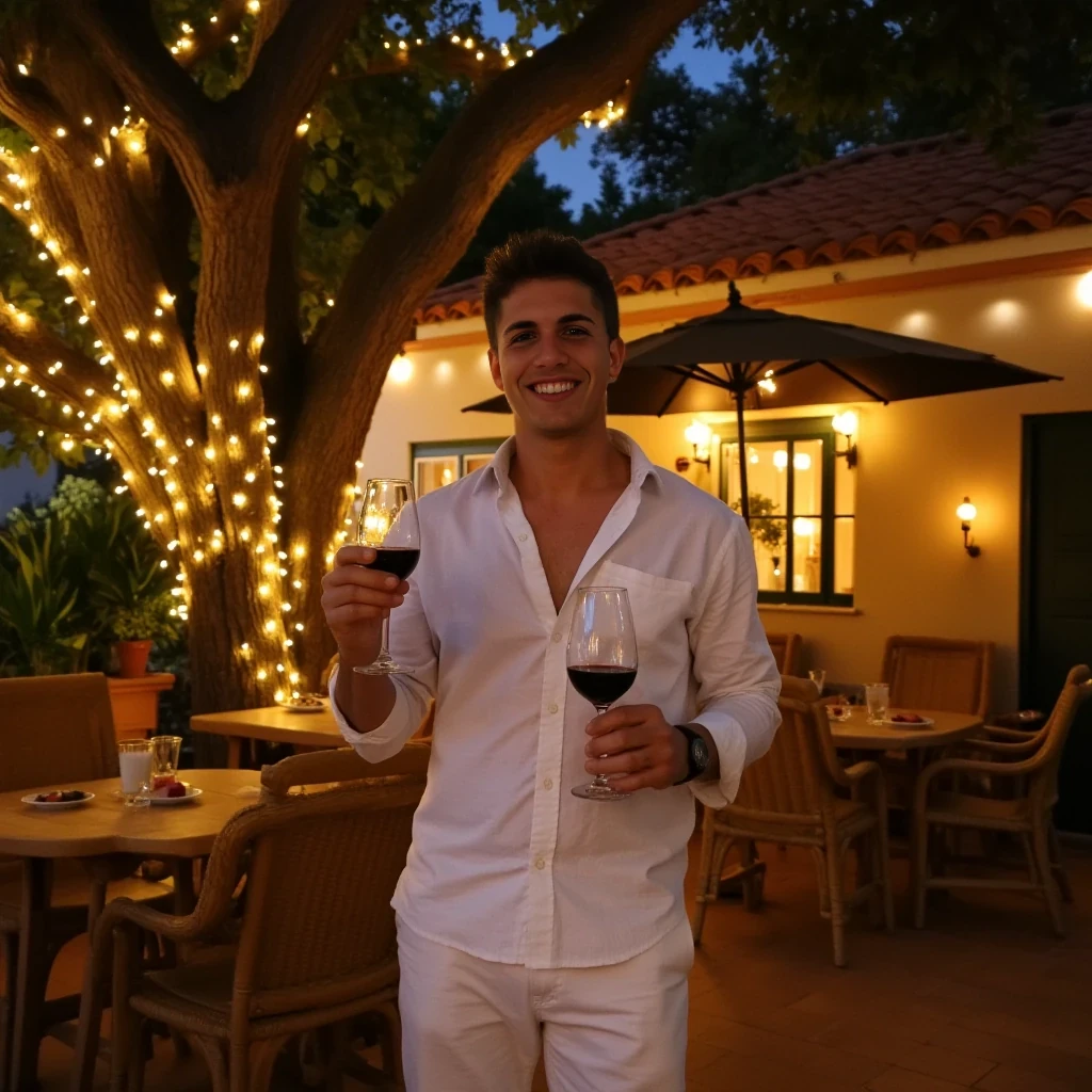 A full body shot photo of a manstanding outdoors at a cozy, warmly lit patio in the evening, with soft, glowing lights wrapped around a tree behind them creating a charming atmosphere. The image is rich in detail, with warm tones and clear textures throughout. The man has fair skin, a strong build, and short brown black hair. He is smiling warmly at the camera, holding a glass of red wine in her right hand, and wears a white shirt and a white pant. The background features a large tree with sparkling string lights wrapped around its trunk and branches, adding a magical touch to the scene. The setting suggests a private outdoor seating area, with elements like terracotta-tiled roofing, greenery, and rattan chairs contributing to a serene, inviting vibe. The overall composition is balanced, with the woman framed against the softly glowing tree, and the lighting enhances the warm, intimate feel of a quiet evening shared among friends. The details are vivid, with textures of clothing, skin, and background elements clearly visible, while the warm lighting creates a relaxed and joyful mood