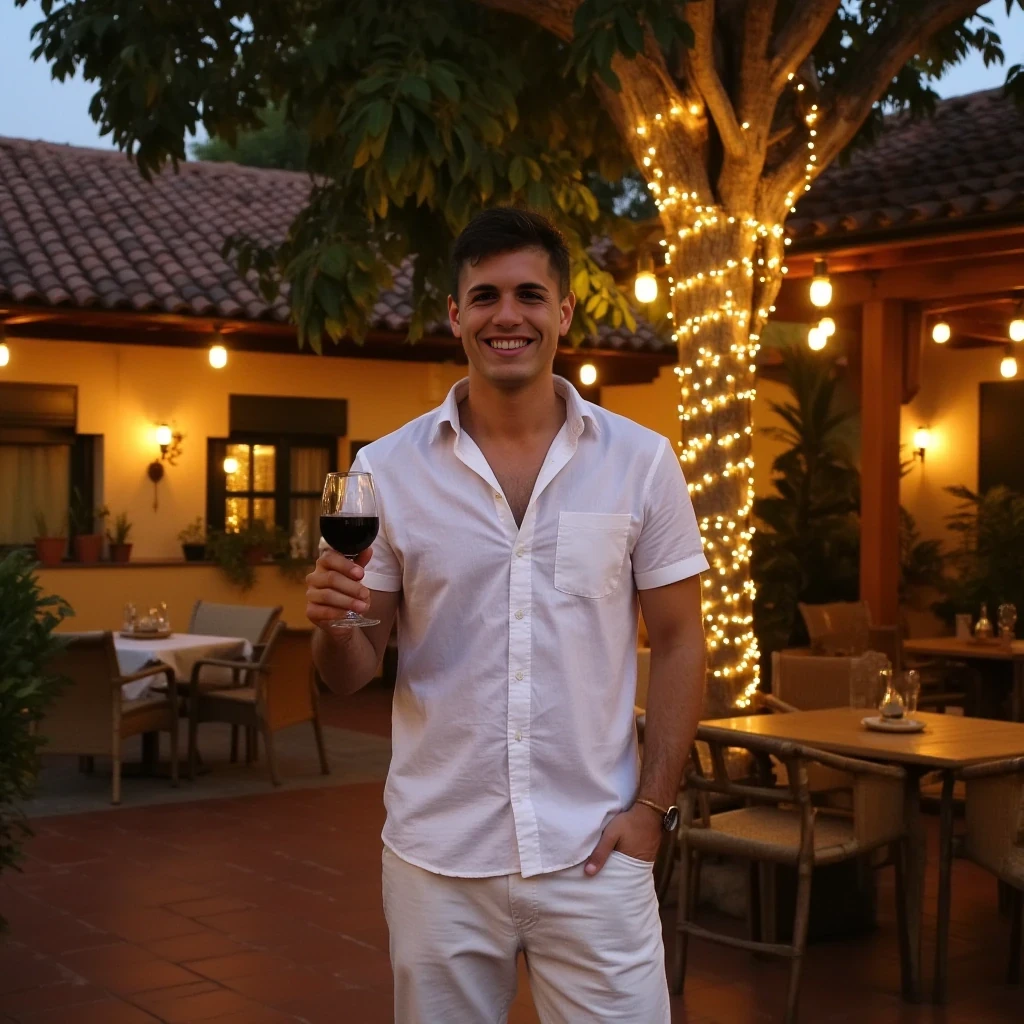 A full body shot photo of a manstanding outdoors at a cozy, warmly lit patio in the evening, with soft, glowing lights wrapped around a tree behind them creating a charming atmosphere. The image is rich in detail, with warm tones and clear textures throughout. The man has fair skin, a strong build, and short brown black hair. He is smiling warmly at the camera, holding a glass of red wine in her right hand, and wears a white shirt and a white pant. The background features a large tree with sparkling string lights wrapped around its trunk and branches, adding a magical touch to the scene. The setting suggests a private outdoor seating area, with elements like terracotta-tiled roofing, greenery, and rattan chairs contributing to a serene, inviting vibe. The overall composition is balanced, with the woman framed against the softly glowing tree, and the lighting enhances the warm, intimate feel of a quiet evening shared among friends. The details are vivid, with textures of clothing, skin, and background elements clearly visible, while the warm lighting creates a relaxed and joyful mood