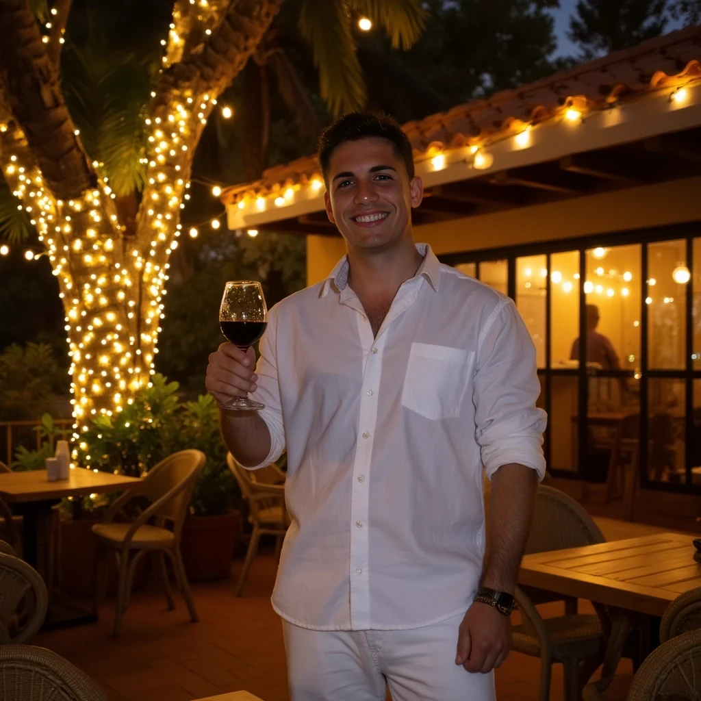 A full body shot photo of a manstanding outdoors at a cozy, warmly lit patio in the evening, with soft, glowing lights wrapped around a tree behind them creating a charming atmosphere. The image is rich in detail, with warm tones and clear textures throughout. The man has fair skin, a strong build, and short brown black hair. He is smiling warmly at the camera, holding a glass of red wine in her right hand, and wears a white shirt and a white pant. The background features a large tree with sparkling string lights wrapped around its trunk and branches, adding a magical touch to the scene. The setting suggests a private outdoor seating area, with elements like terracotta-tiled roofing, greenery, and rattan chairs contributing to a serene, inviting vibe. The overall composition is balanced, with the woman framed against the softly glowing tree, and the lighting enhances the warm, intimate feel of a quiet evening shared among friends. The details are vivid, with textures of clothing, skin, and background elements clearly visible, while the warm lighting creates a relaxed and joyful mood