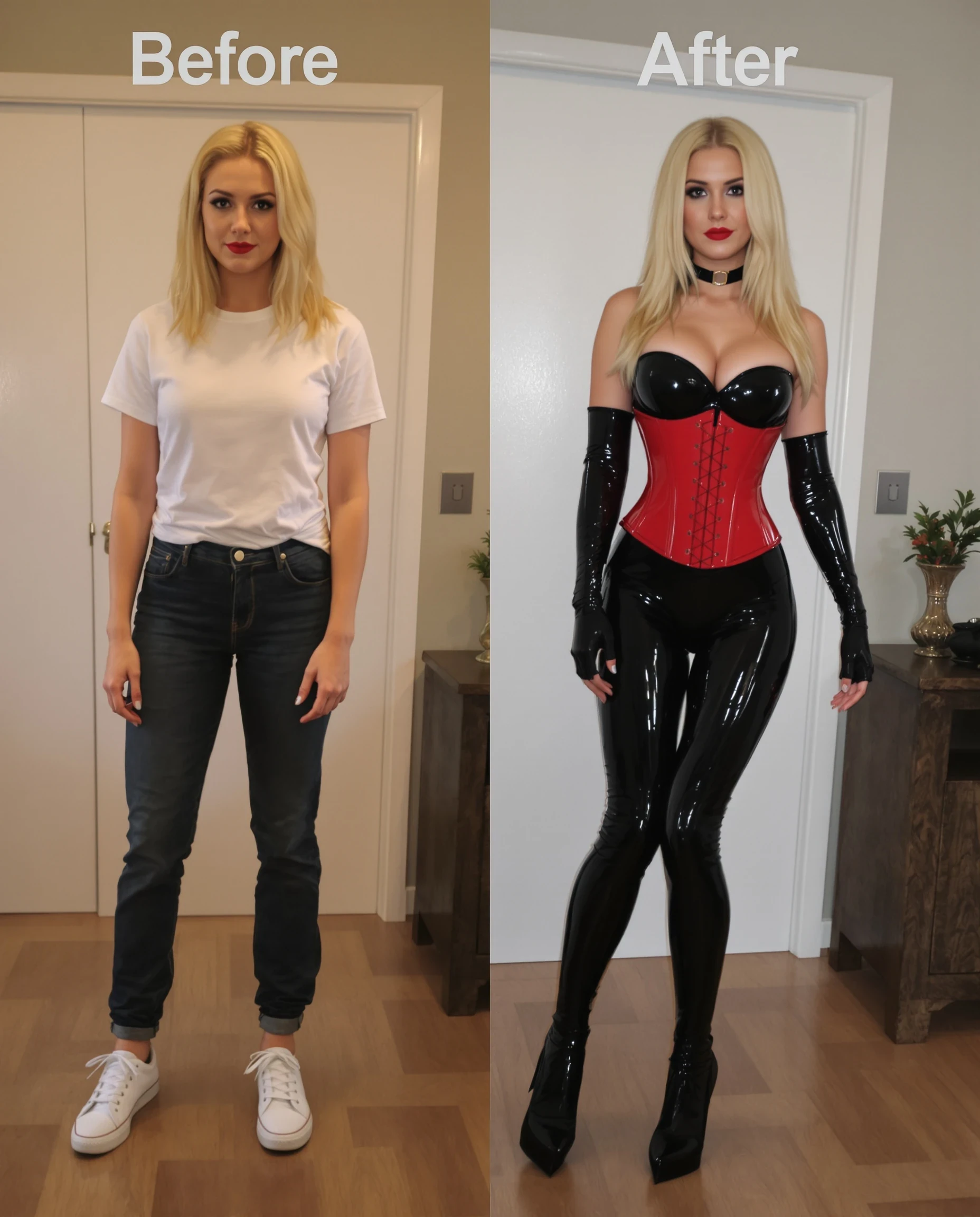 Before and after image, divided in the middle. The same woman is on the left and right.
Mid-twenties. Very pretty. Blonde hair.
Location in the living room. Background is almost the same.
Clothing on the left: everyday clothes. T-shirt, jeans, and sneakers.
On the right: black latex catsuit. Black gloves. Red corset. High heels.
Full-body shot. 8k. Slightly different poses on the left and right.