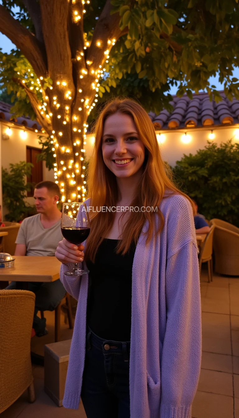 A full body shot photo of a woman standing outdoors at a cozy, warmly lit patio in the evening, with soft, glowing lights wrapped around a tree behind them creating a charming atmosphere. The image is rich in detail, with warm tones and clear textures throughout. The woman has fair skin, a slim build, and long reddish-blonde hair, also worn loose. She is smiling warmly at the camera, holding a glass of red wine in her right hand, and wears a soft-textured lavender cardigan over a black top. The background features a large tree with sparkling string lights wrapped around its trunk and branches, adding a magical touch to the scene. The setting suggests a private outdoor seating area, with elements like terracotta-tiled roofing, greenery, and rattan chairs contributing to a serene, inviting vibe. The overall composition is balanced, with the woman framed against the softly glowing tree, and the lighting enhances the warm, intimate feel of a quiet evening shared among friends. The details are vivid, with textures of clothing, skin, and background elements clearly visible, while the warm lighting creates a relaxed and joyful mood