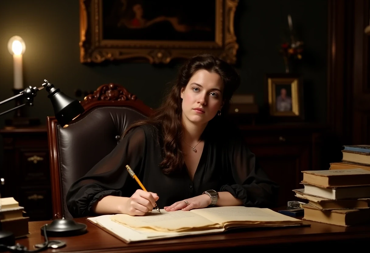 photo of woman CSTMDL, brunette, small pendant, hair tied, blue eyes, black night dress, working late night at her desk. The room is dark, the only light is a small art nouveau desk lamp.
She’s surrounded by a lot of old books and sheets of paper she worked on. She’s currently writing on a sheet with a beautiful vintage fountain pen.
She’s surrounded by her works in a beautiful art nouveau room with a Khmer piece of art in the background
