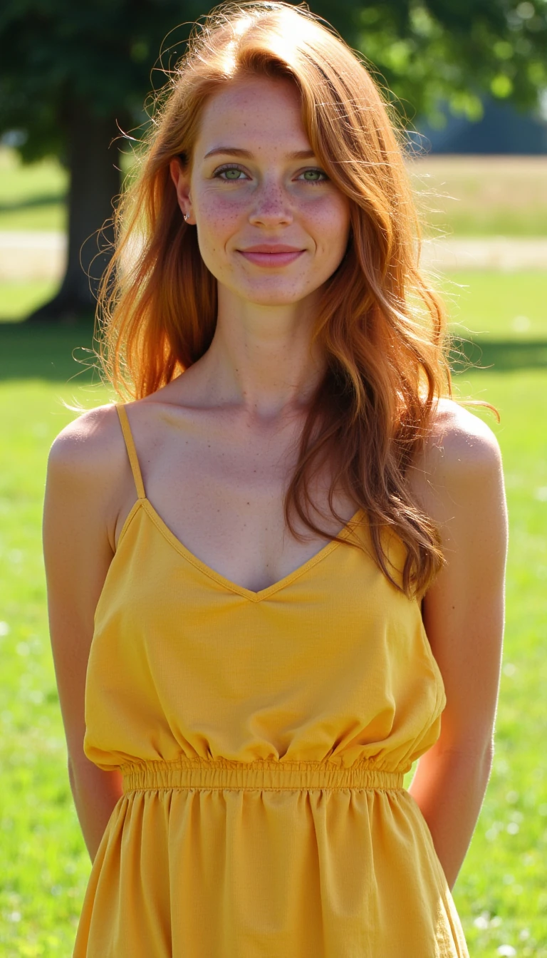 Create a photorealistic 21-year-old woman with smooth, freckled skin, almond-shaped green eyes, and long wavy ginger hair. She is 5'8" tall and 140 pounds. Fit but not tone. Natural B cup breasts. She has a natural, confident smile, subtle makeup with dewy foundation and very light pink lip gloss, and wears a yellow sundress. The scene is a sunny grassy field with soft natural lighting and a tree in the background. The image should have hyper-realistic skin texture and detailed shadows.”