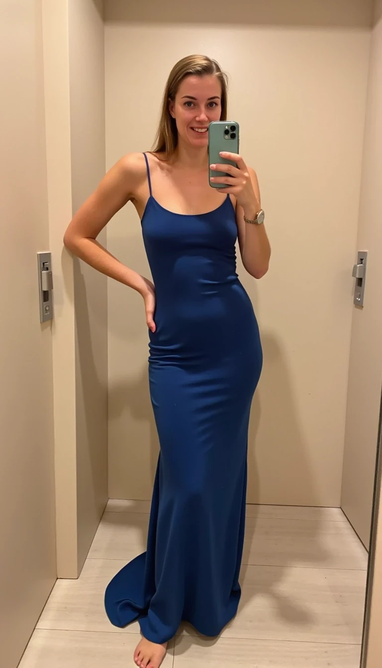 
Use this prompt
boring iphone selfie of high school woman with small breasts CSTMDL, in a department store changing room stall. She is wearing a long, blue, tight fitting full length dress