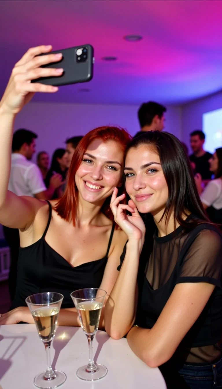 CSTMDL, Isabella red hair green eyes. This is a photograph capturing a lively social scene at a party or event. The image focuses on two women in the foreground, both smiling and appearing to be enjoying themselves. The woman on the left is CSTMDL Isabella shoulder-length red hair and is wearing a black, sleeveless top. She is holding a smartphone in her right hand, taking a selfie. The woman on the right has long black hair and is wearing a black, semi-sheer top. She is leaning in close to the isabella, with her left hand gently touching her face in a playful manner.

In front of them on the table are two champagne flutes, each filled with a light-colored drink, possibly champagne. The background is slightly blurred but shows several other people, both men and women, mingling and chatting. The lighting has a pink and blue hue, adding a festive and vibrant atmosphere to the scene. The people in the background are dressed in casual to semi-formal attire, with some wearing white shirts and others in darker clothing. The overall mood of the photograph is cheerful and celebratory, capturing a moment of friendship and enjoyment at a social gathering.