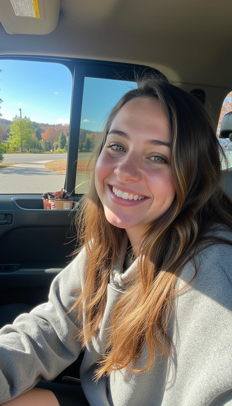 boring low quality snapchat photo circa 2015, A young woman with a warm smile, sitting in the driver's seat of a cozy car. She has soft, wavy brown hair cascading past her shoulders. The sunlight streams through the window, casting a gentle glow on her face. The interior of the car is neat and comfortable, with a coffee cup in the cup holder and a small plant on the dashboard. The background outside the window shows a scenic road lined with trees and blue skies