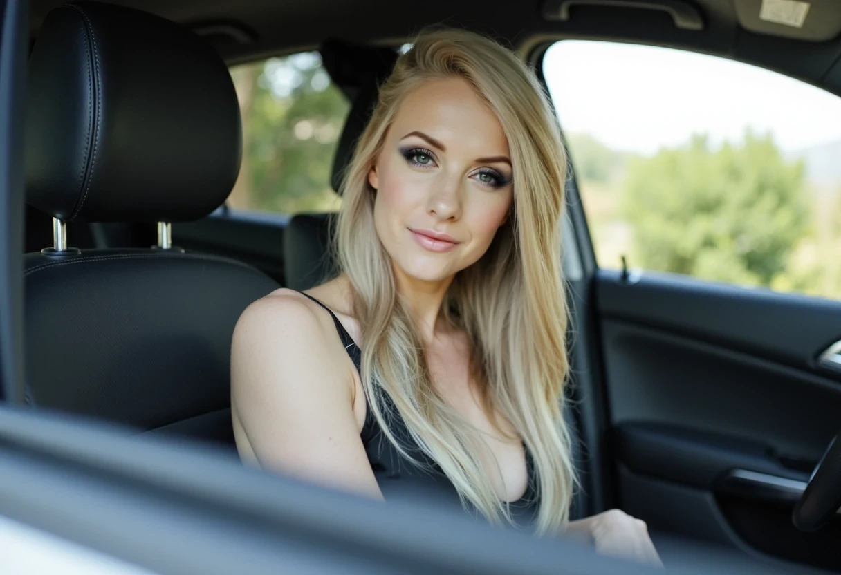 photo of cute woman CSTMDL in a car, full body, smileling selfi
