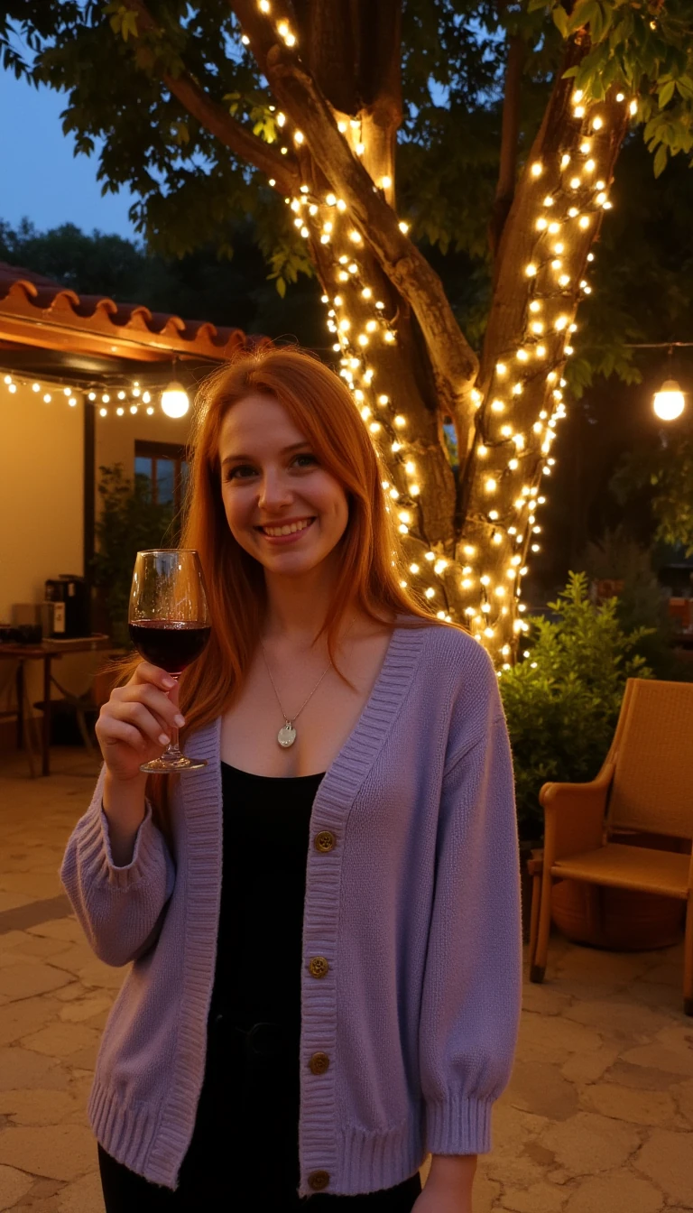 A full body shot photo of a woman standing outdoors at a cozy, warmly lit patio in the evening, with soft, glowing lights wrapped around a tree behind them creating a charming atmosphere. The image is rich in detail, with warm tones and clear textures throughout. The woman has fair skin, a slim build, and long reddish-blonde hair, also worn loose. She is smiling warmly at the camera, holding a glass of red wine in her right hand, and wears a soft-textured lavender cardigan over a black top. The background features a large tree with sparkling string lights wrapped around its trunk and branches, adding a magical touch to the scene. The setting suggests a private outdoor seating area, with elements like terracotta-tiled roofing, greenery, and rattan chairs contributing to a serene, inviting vibe. The overall composition is balanced, with the woman framed against the softly glowing tree, and the lighting enhances the warm, intimate feel of a quiet evening shared among friends. The details are vivid, with textures of clothing, skin, and background elements clearly visible, while the warm lighting creates a relaxed and joyful mood