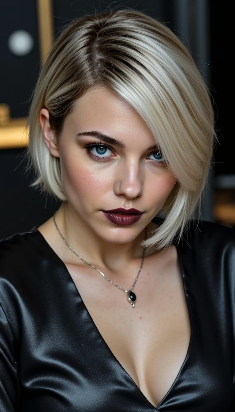 CSTMDL, ultra-realistic portrait of a young woman with short, layered two-tone blonde and silver hair, parted on the right-hand side, with all hair loose and flowing naturally, not tucked behind her ear. The layers are sharp and defined, adding rebellious movement to the hairstyle. Her blue eyes are electrifying, framed by dark smoky eyeshadow, heavy eyeliner, and bold lashes. Her flawless skin glows under dramatic lighting, enhanced with sculpted contouring and highlights. Her lips shine with dark glossy black or deep crimson gloss, creating a gothic, dangerous edge. Her expression is fierce and almost sinister, exuding irresistible dark glamour. Styled in a sleek modern outfit with jewelry and a moody, cinematic background, she radiates the aura of a powerful villainess.