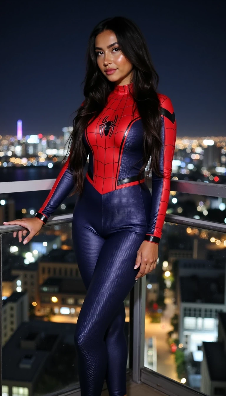 Lalilu wearing a tight, high-quality Spider-Man cosplay suit, standing on a high balcony at night with a glowing city skyline in the background. The suit is red and blue with detailed web patterns, perfectly fitted and shiny with realistic fabric texture. She has long black hair flowing down naturally, Urban night photography, cinematic lighting, ultra realistic cosplay photoshoot, full-body portrait.  
