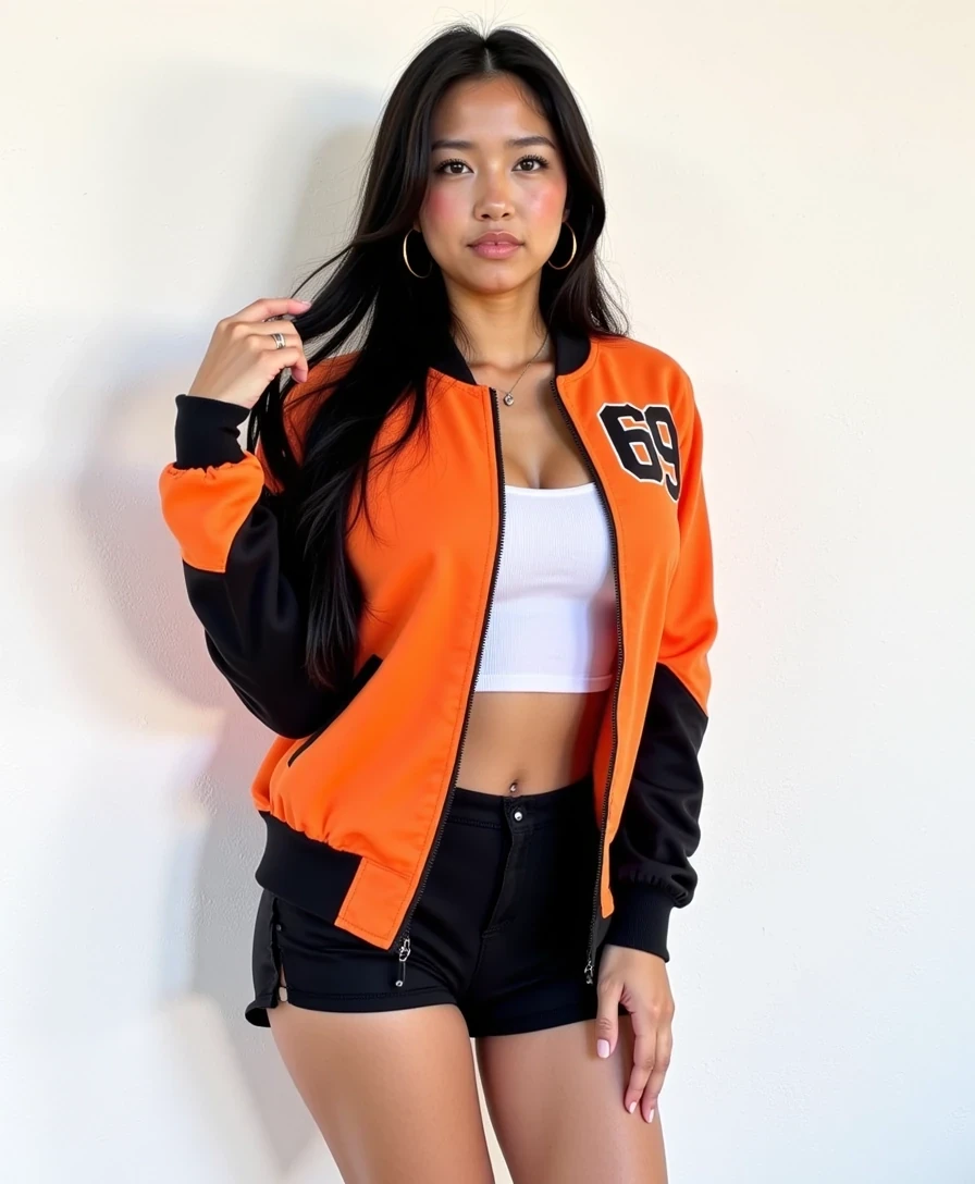 This photograph captures Amy standing against a plain white wall with a slightly textured surface. She has a slender physique with a medium skin tone, long, straight black hair, and is wearing a vibrant, athletic-style jacket. The jacket is predominantly orange with black panels on the left and right sides, featuring the numbers "69" in bold, black print on the left chest. The jacket is zippered and has long sleeves, which are rolled up slightly to reveal her toned arms. She pairs this with high-waisted black shorts that accentuate her legs, and she is also wearing black knee-high socks.

Her outfit is complemented by a white tank top underneath, which is partially visible at the neckline. She accessorizes with gold hoop earrings and a delicate necklace. her left hand is raised, with her fingers gently touching her hair. The background is minimalistic, focusing all attention on her, and the lighting is soft, highlighting her features and the textures of her clothing. The overall mood of the image is casual yet stylish, with a hint of sporty flair.