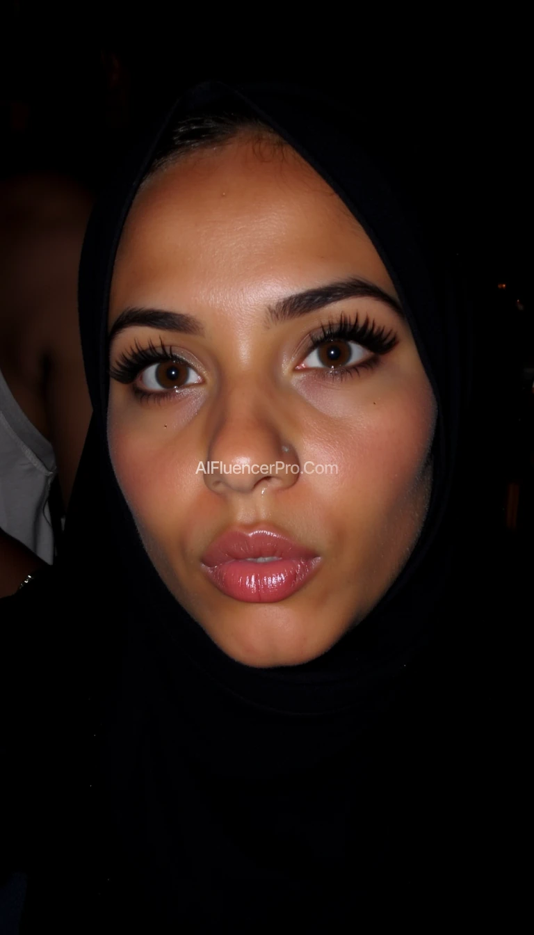 somali teen weaing fake eyelashes, black tight hijab showing no hair, juicy big bimbo lips smeared in wet lip gloss, black eyeshadow, black mascarra, blush, big forehead, arab nose. nightclub, blowing a kiss