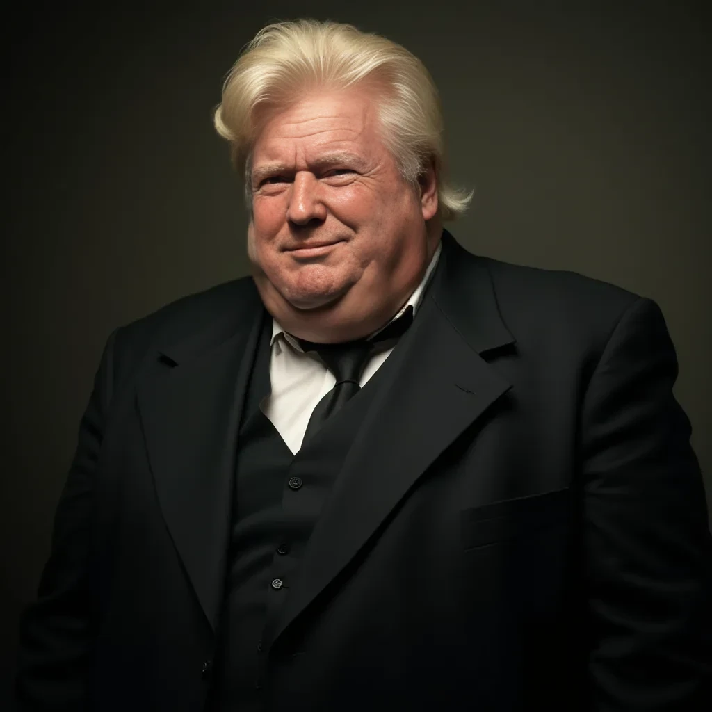 Old white man, fat, in black suit, blond hair, pompadour hairstyle