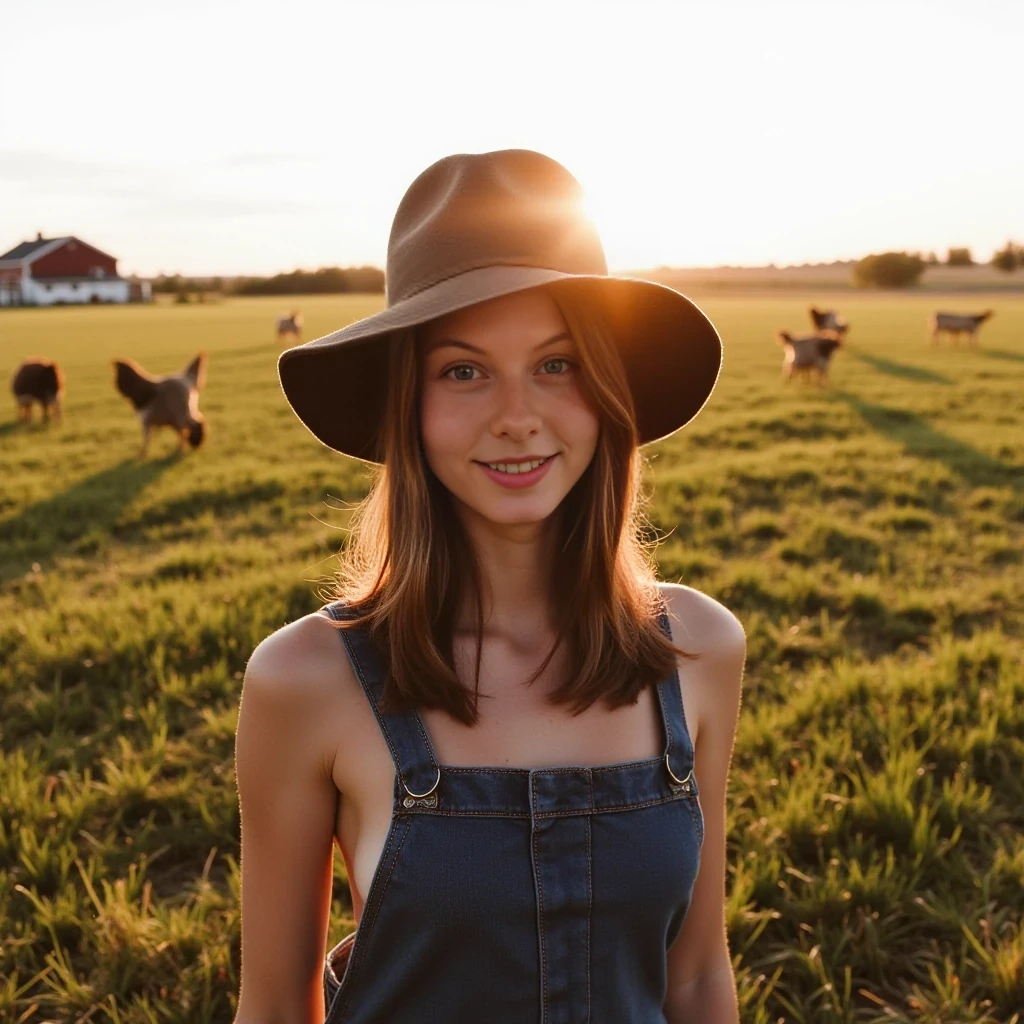boring low quality snapchat photo circa 2015, young college girl wearing only denim bib in a farmer's hat, standing in a suggestive pose. The scene is set on a farm, with an open field stretching behind her, dotted with crops and a distant barn visible on the horizon. Few scattered farm animals like cows and chickens can be seen grazing and roaming in the background. The light from the setting sun gives a soft orange glow across her face and upper body, casting long shadows across the field. The overall ambiance is relaxed and candid, evoking a casual rural atmosphere.