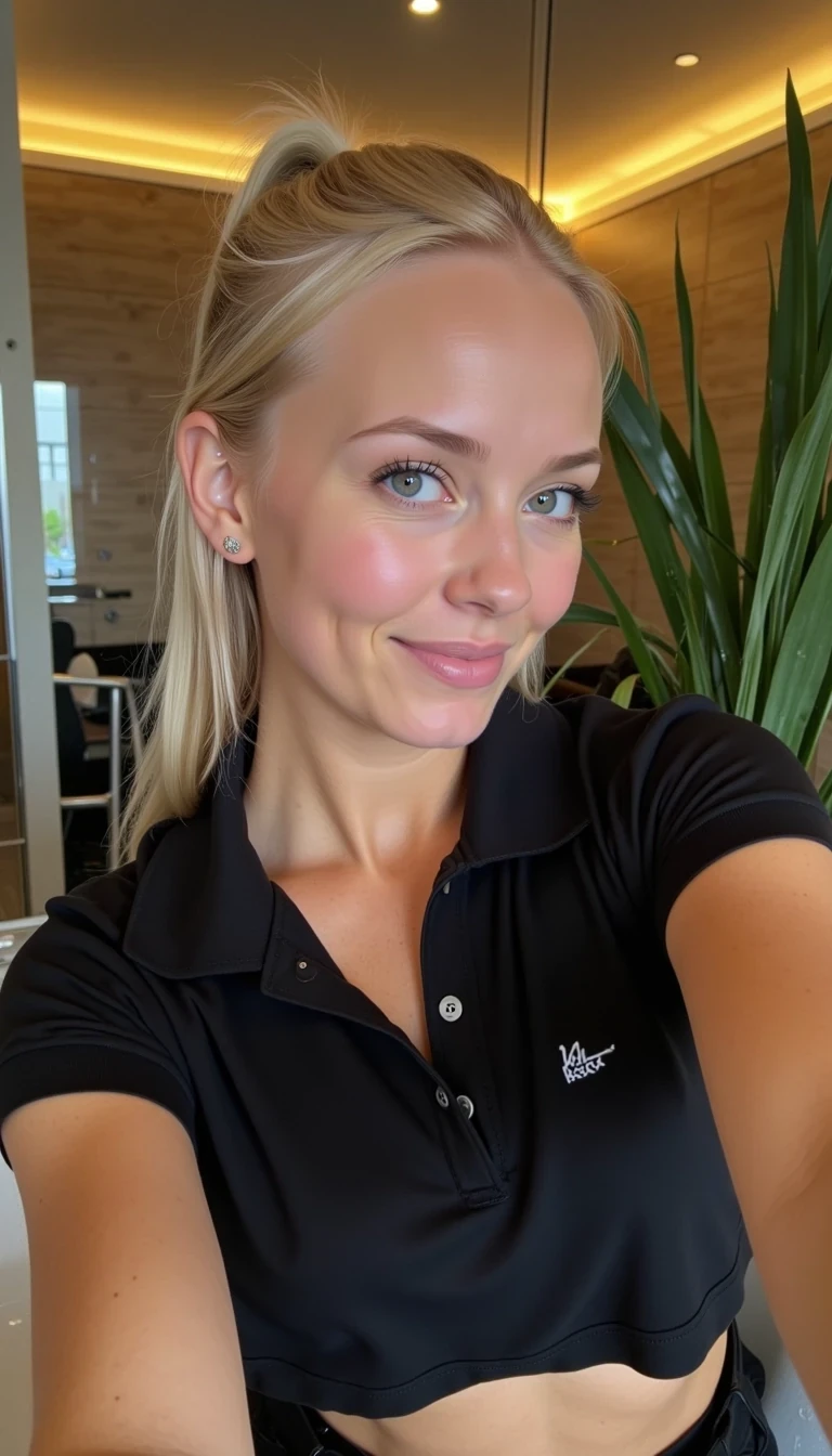 CSTMDL, Hailey, A photorealistic portrait of a young woman in her early 20s with fair porcelain skin, smooth complexion, subtle natural makeup with soft pink lips and light eyeliner, straight blonde hair tied back in a neat ponytail, bright blue eyes sparkling with warmth, friendly genuine smile revealing straight white teeth, confident and approachable demeanor, gazing directly at the viewer with engaging eye contact; she is wearing a ((fitted black short-sleeved polo shirt)), no visible accessories; ((She is pulling up her polo with one hand to show her light blue sexy bra)). her pants are black. She is taking a selfie with the other hand. set in a modern upscale restaurant bathroom interior with high ceilings, warm ambient lights with golden glow in the background; dominant colors are neutral blacks and grays with pops of green foliage, warm wood tones; composition is a medium close-up shot from a slight low angle to emphasize approachability, framed centrally with balanced symmetry, captured with a Canon EOS 5D Mark IV camera using a 50mm prime lens at f/2.8 aperture for shallow depth of field, ISO 100 for crisp details, lighting supplemented by soft indoor LEDs at 4000K color temperature, hyper-realistic textures like the soft cotton weave of the polo shirt, and smooth skin pores; ultra-detailed, hyperrealism, photorealistic rendering indistinguishable from a high-resolution photograph, 8k resolution.