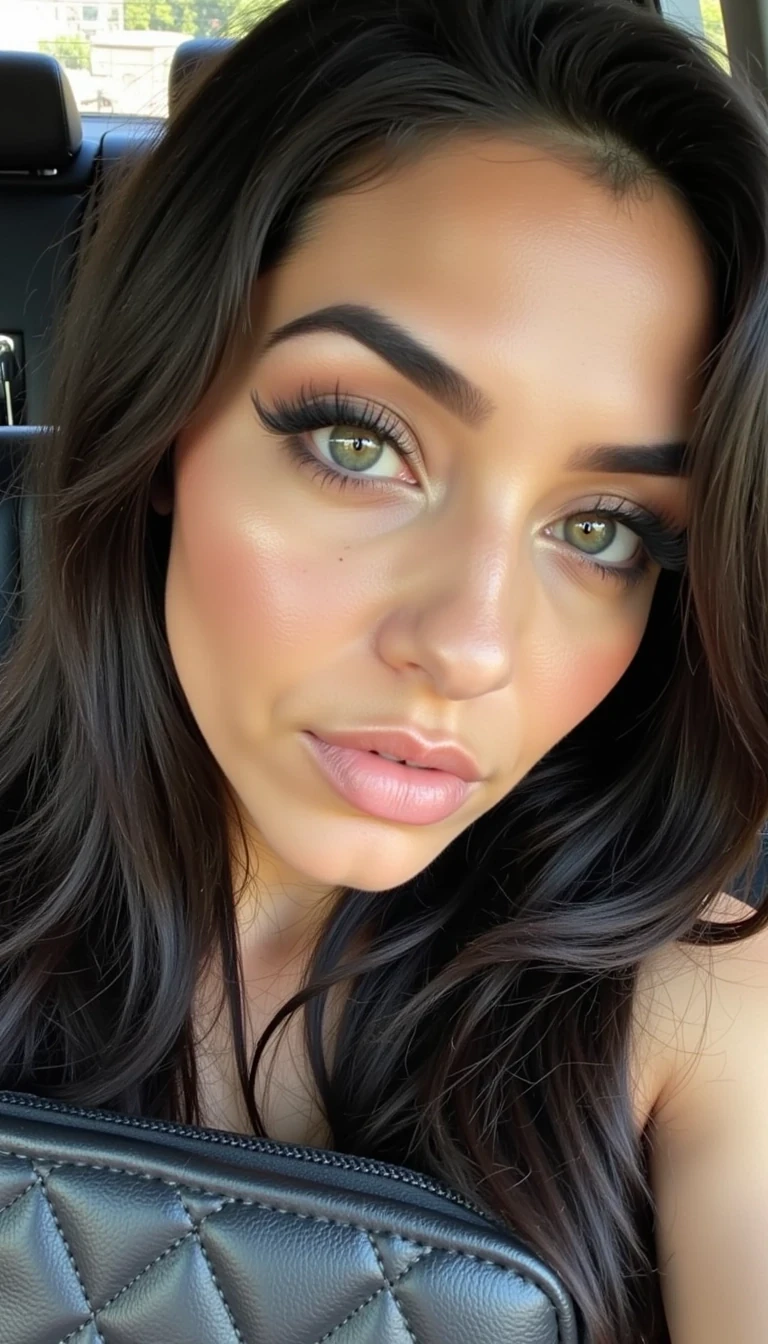 boring low quality Snapchat photo circa 2013, iPhone 4 front camera selfie of CSTMDL, candid close-up of a young Mediterranean woman with golden-olive skin reminiscent of Kim Kardashian, extra-long sleek brunette hair in glossy waves, striking almond-shaped green eyes framed by thick black lashes, perfectly arched brows, high contoured cheekbones, a sculpted button nose, and very voluminous nude-toned lips.
Her skin is natural and unretouched: faint pores visible on her cheeks and nose, subtle redness around her nostrils, fine smile lines, uneven pigmentation across her forehead, faint under-eye bags, and a few small blemishes on her chin. A light oil sheen across her T-zone, peach fuzz on her jawline, and stray baby hairs catching the uneven light. She holds a quilted luxury handbag near her shoulder, slightly cut off by the selfie framing. Lighting is unflattering and uneven: shop window sunlight blows out part of her cheek while the other side falls into dull shadow. Image quality reflects an iPhone 4 front camera circa 2013: heavy pixelation in darker areas, muted washed-out tones, slight blur from shaky hands, visible compression smudge on her hair, and lens glare from a dirty screen. Off-center framing cuts off the top of her head. Imperfect, raw, and believable.