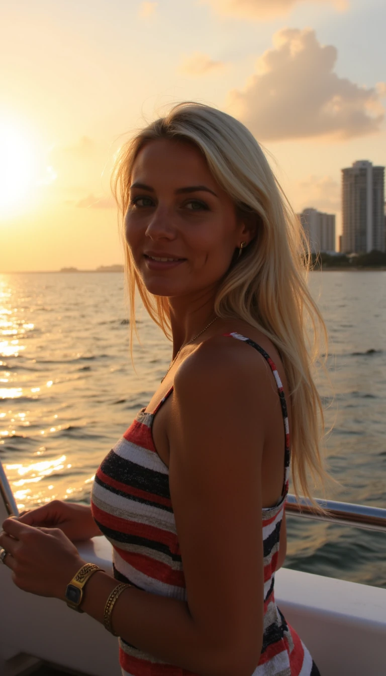 generate a photo of a blonde woman with long hair on a yacht with the background being miami during a sunset, do not blur the background.