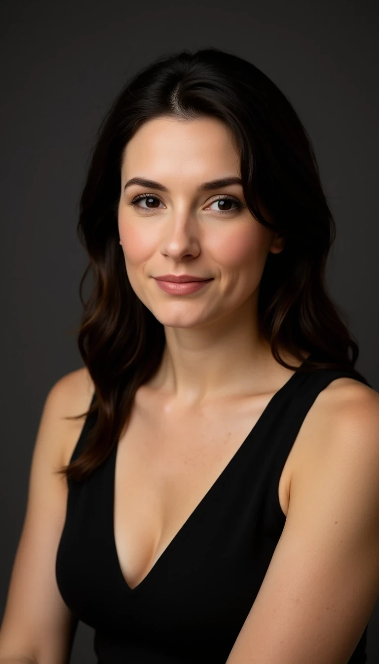 studio head-and-shoulders portrait, elegant brunette with side part, charcoal grey backdrop, soft key light from camera left, confident gaze, Ava Moreau FaceLock ::CSTMDL