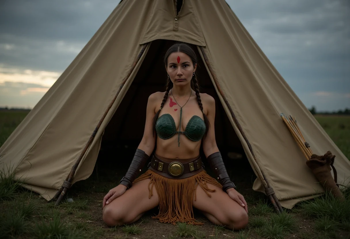 Medium shot photo of a beautiful 25-year-old with a slender athletic build. A Native American woman warrior with small petite almost flat breasts, wearing native American Regalia, posing stoically in front of a round native American plains style tipi. The tipi is a large tipi, large enough for a small family. Set under dim natural sunrise light. The sun has barely begun to peek over the horizon. The image has a dull color palette, with the greenery of the ground around the tipi being dark green and browns cast with shadows and dull gray sky meets the sunrise on the horizon enhancing the moody atmosphere. The woman, who is Native American in appearance, has a slim athletic build and petite tiny almost flat breasts. She is wearing a top that  consists of two real turtle shells in a dark green palette, a turtle shell fitted over each breast and strung together to turn them both into a bra. They look rigid and tough like snapping turtle shells. A smoked hide leather panties that are smoked golden brown in color.She is wearing heavy leather vambraces on her forearms that go all  the way up to below her elbow and leather wraps around her shins that go all the way up to below her knees. She is wearing a dark brown, thick, wide, leather kidney belt with circle brass plates as wide as the belt riveted around it's exterior from which a short fringe breechcloth with widely spaced thin cut fringe is fitted to it is a golden smoked hide brown color. It drapes loosely overtop of her panties and down to just below her panties in length. It is widely spaced fringed you can still see her entire turtle shell bra and leather panties. She is wearing ankle height smoked hide moccasins on her feet. Her hair is Native American styled with 2 long braids. She is a fierce sight, a confident capable warrior. She weilds a long steel spear in her right hand with a small spear tip and a long shaft which is where her hand is gripped. There is a bundle of arrows in a smoked hide quiver on her back. She sits on the ground in front of the tipi with her legs spread apart towards the camera. You can see you can see her panties under her long fringe breechcloth. The woman is looking directly at the camera stoically without any other expression. She has red warpaint streaked in one straight line along her cheekbones. There is no explicit nudity visible. Cinematic shooting style. Romantic setting.