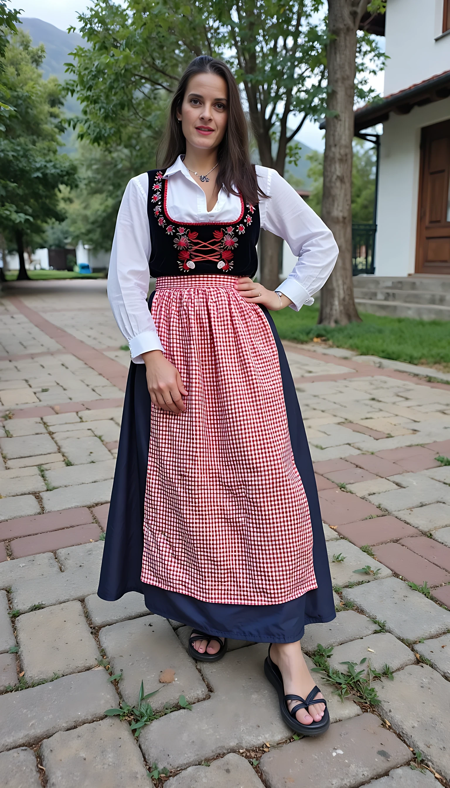 photo of brunette woman CSTMDL mature, small puffy saggy tits in moravian national costume i the street carvival