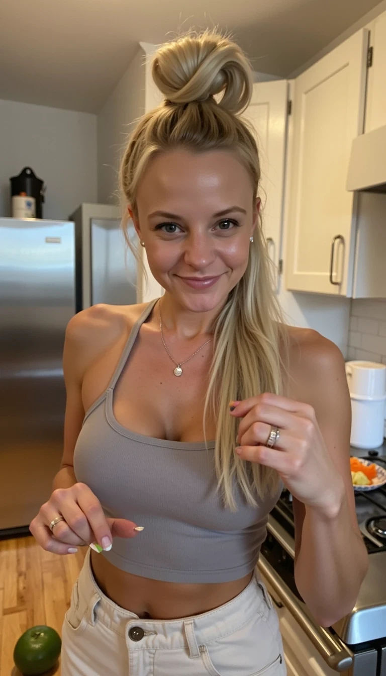 Young tan and in shape blonde woman with her long hair in a messy bun wearing tank top and shorts in the kitchen cooking