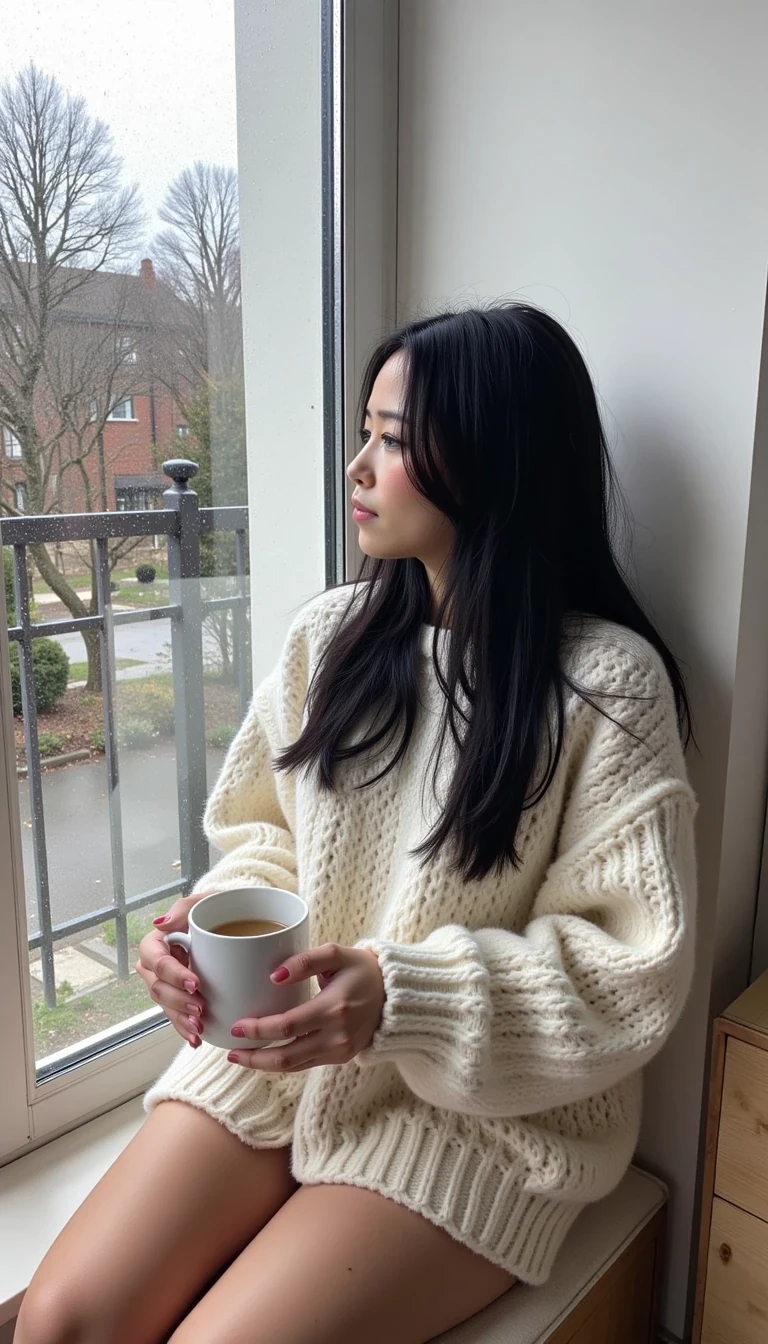 This is a high-resolution photo of Amy sitting on a window bench, wrapped in a chunky, oversized cream sweater. Her long black hair is slightly tousled, framing her fair face as she looks out the window with a wistful expression. Outside, rain streaks the glass in soft patterns. Her bare thighs are visible beneath the sweater, and she holds a steaming mug of tea in both hands. Natural light filters through the rain-dimmed window, giving the room a soft, diffused glow. The overall vibe is quiet, intimate, and inviting.