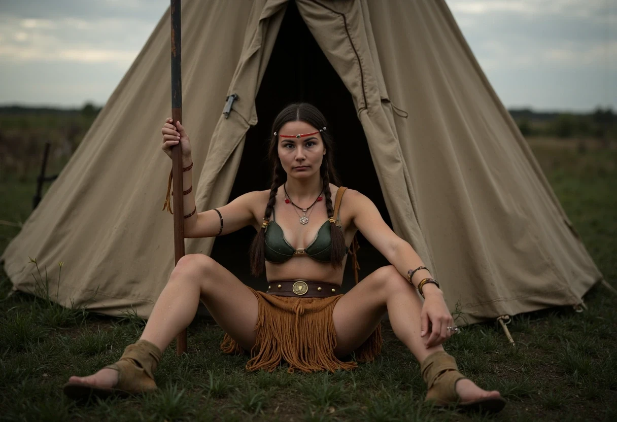 Medium shot photo of a beautiful 25-year-old with a slender athletic build. A Native American woman warrior with small petite, A-cup almost flat breasts, wearing native American Regalia, posing stoically in front of a round native American plains style tipi. The tipi is a large tipi, large enough for a small family. Set under dim natural sunrise light. The sun has barely begun to peek over the horizon. The image has a dull color palette, with the greenery of the ground around the tipi being dark green and browns cast with shadows and dull gray sky meets the sunrise on the horizon enhancing the moody atmosphere. The woman, who is Native American in appearance, has a slim athletic build and petite tiny almost flat breasts. She is wearing a top that  consists of two real turtle shells in a dark green palette, a turtle shell fitted over each breast and strung together to turn them both into a bra. They look rigid and tough like snapping turtle shells. They are real turtle shells. A smoked hide leather panties that are smoked golden brown in color. She is wearing heavy leather vambraces on her forearms that go all  the way up to below her elbow and leather wraps around her shins that go all the way up to below her knees. She is wearing a dark brown, thick, wide, leather kidney belt with circle brass plates as wide as the belt riveted around it's exterior from which a short fringe breechcloth is fitted to. The fringe is widely spaced, it is a golden smoked hide brown color. It drapes loosely overtop of her panties and down to just below her panties in length. It is widely spaced fringed you can still see her entire turtle shell bra and leather panties. She is wearing ankle height smoked hide moccasins on her feet. Her hair is Native American styled with 2 long braids. She is a fierce sight, a confident capable warrior. She weilds a long steel spear in her right hand with a small spear tip and a long shaft which is where her hand is gripped. There is a bundle of arrows in a smoked hide quiver on her back. She sits on the ground in front of the tipi with her legs spread apart towards the camera. You can see you can see her panties under her long fringe breechcloth. The woman is looking directly at the camera stoically without any other expression. She has red warpaint streaked in one straight line along her cheekbones. There is no explicit nudity visible. Cinematic shooting style. Romantic setting.