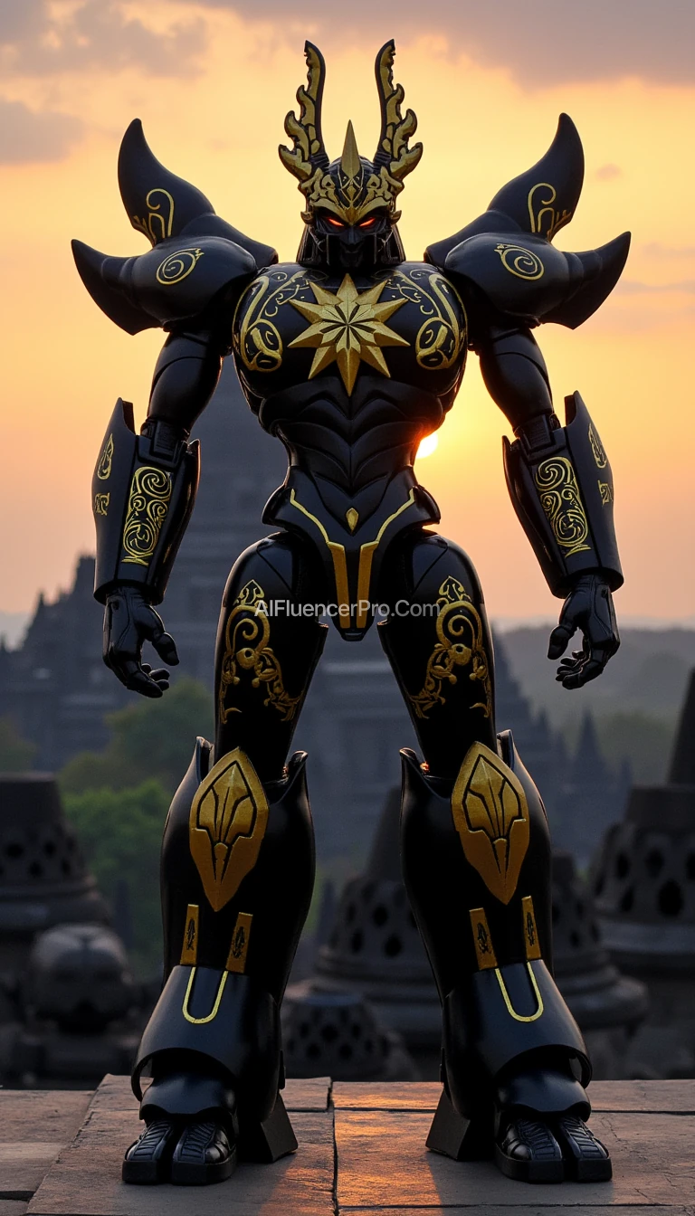 Transformers robot inspired by Gatotkaca in a full body view (from head to feet). The robot features predominantly black armor with intricate golden ornaments, giving it a strong and resilient appearance. Its helmet is shaped like kayonan (a Javanese design motif resembling leaves or trees), with detailed circular patterns, reflecting Gatotkaca's iconic headgear. On its chest, there is a yellow eight-pointed star symbol, representing Gatotkaca's immense power and glory. The robot stands in front of the magnificent Borobudur Temple, with a dramatic sunset backdrop, creating a heroic atmosphere. Focus on the detailed armor textures, the star symbol on the chest, and the inclusion of Indonesian cultural elements.