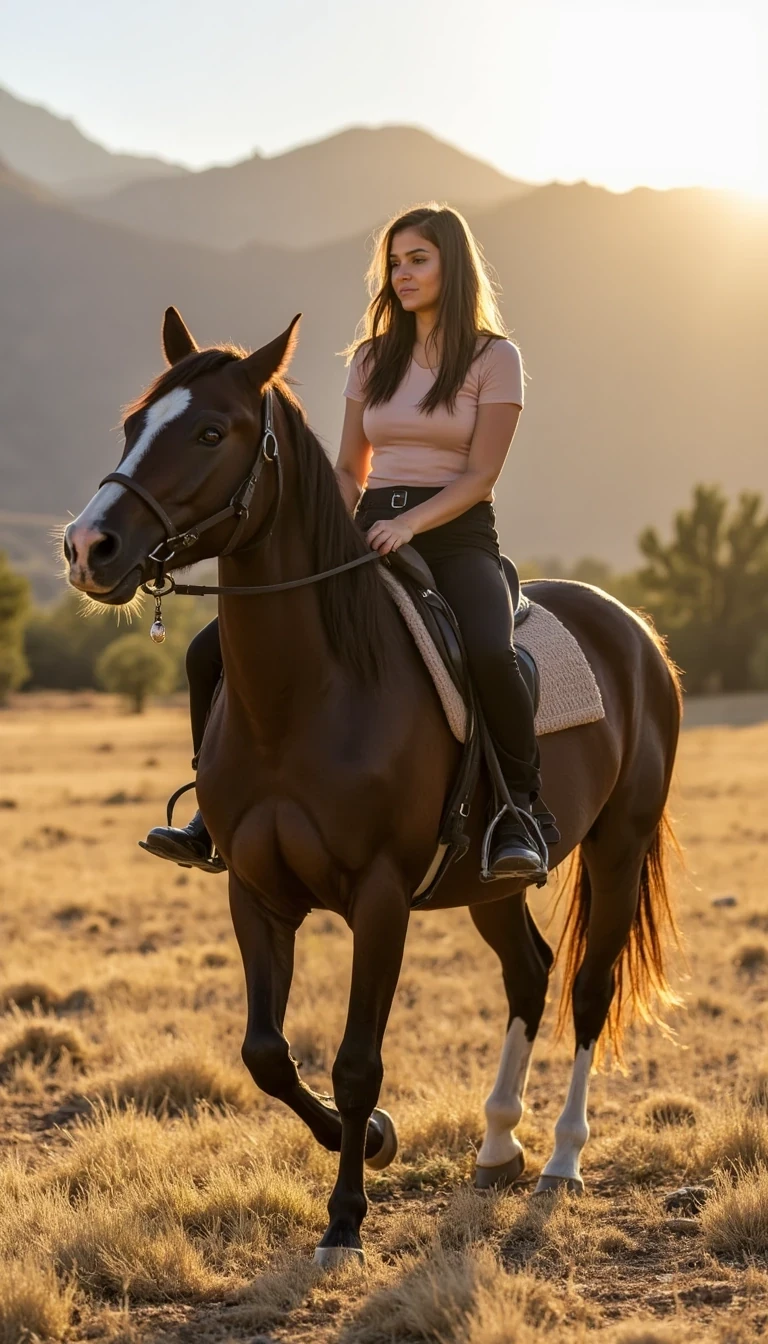 IMG_1589.HEIC  
CSTMDL woman horseback riding at golden hour on a bold dark-bay horse with a white blaze, in a dry grassy field with soft foothills in the background (Denver vibe).