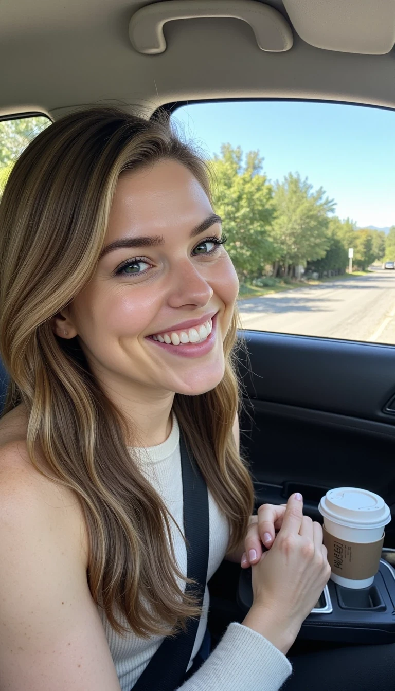 boring low quality snapchat photo circa 2015, A young woman with a warm smile, sitting in the driver's seat of a cozy car. She has soft, wavy brown hair cascading past her shoulders. The sunlight streams through the window, casting a gentle glow on her face. The interior of the car is neat and comfortable, with a coffee cup in the cup holder and a small plant on the dashboard. The background outside the window shows a scenic road lined with trees and blue skies