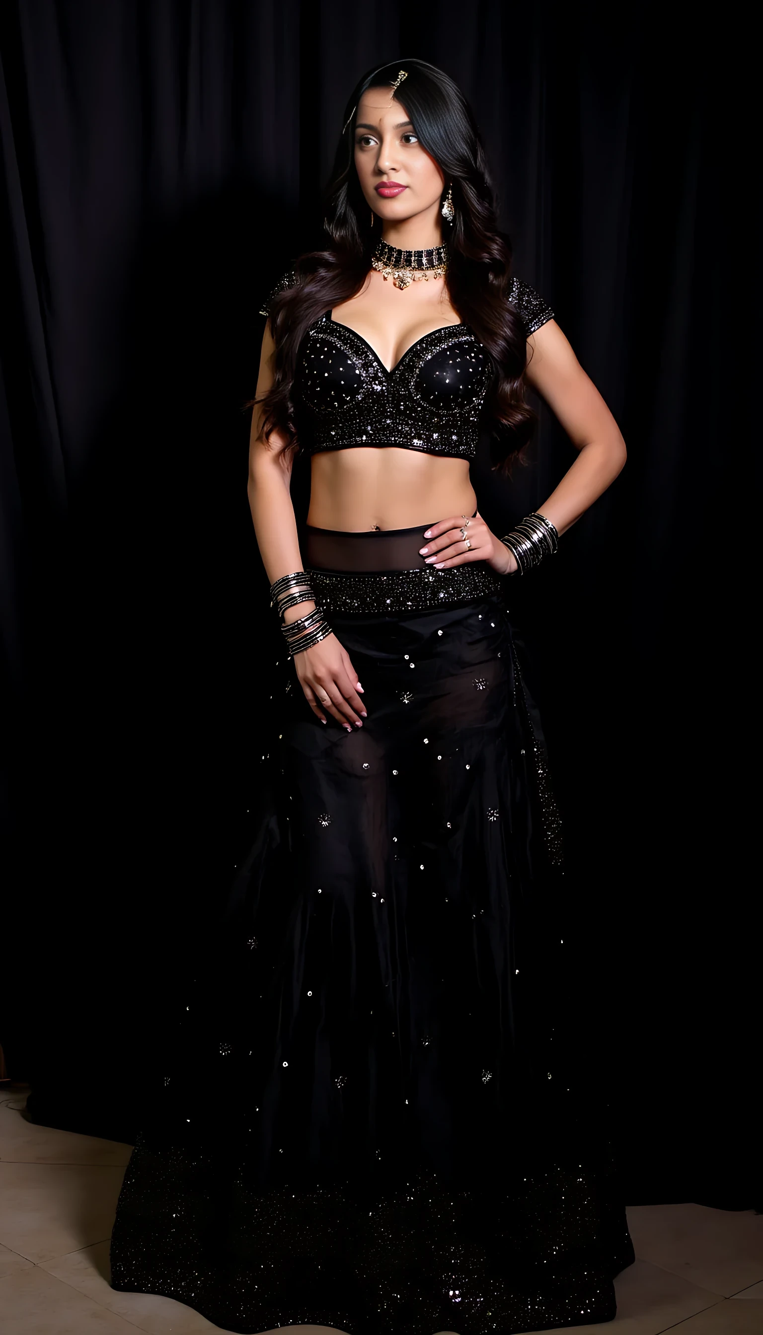 A woman stands elegantly in a richly embroidered, black, two-piece traditional outfit, adorned with sparkling sequins. The ensemble features a deep V-neck top and a flowing skirt, with intricate beadwork. Her long, dark wavy hair cascades gracefully, and she wears statement jewelry including earrings, a headpiece, and bangles. The backdrop consists of dark drapes, highlighting her striking presence. Her pose is poised and confident, exuding a sense of grace and sophistication.