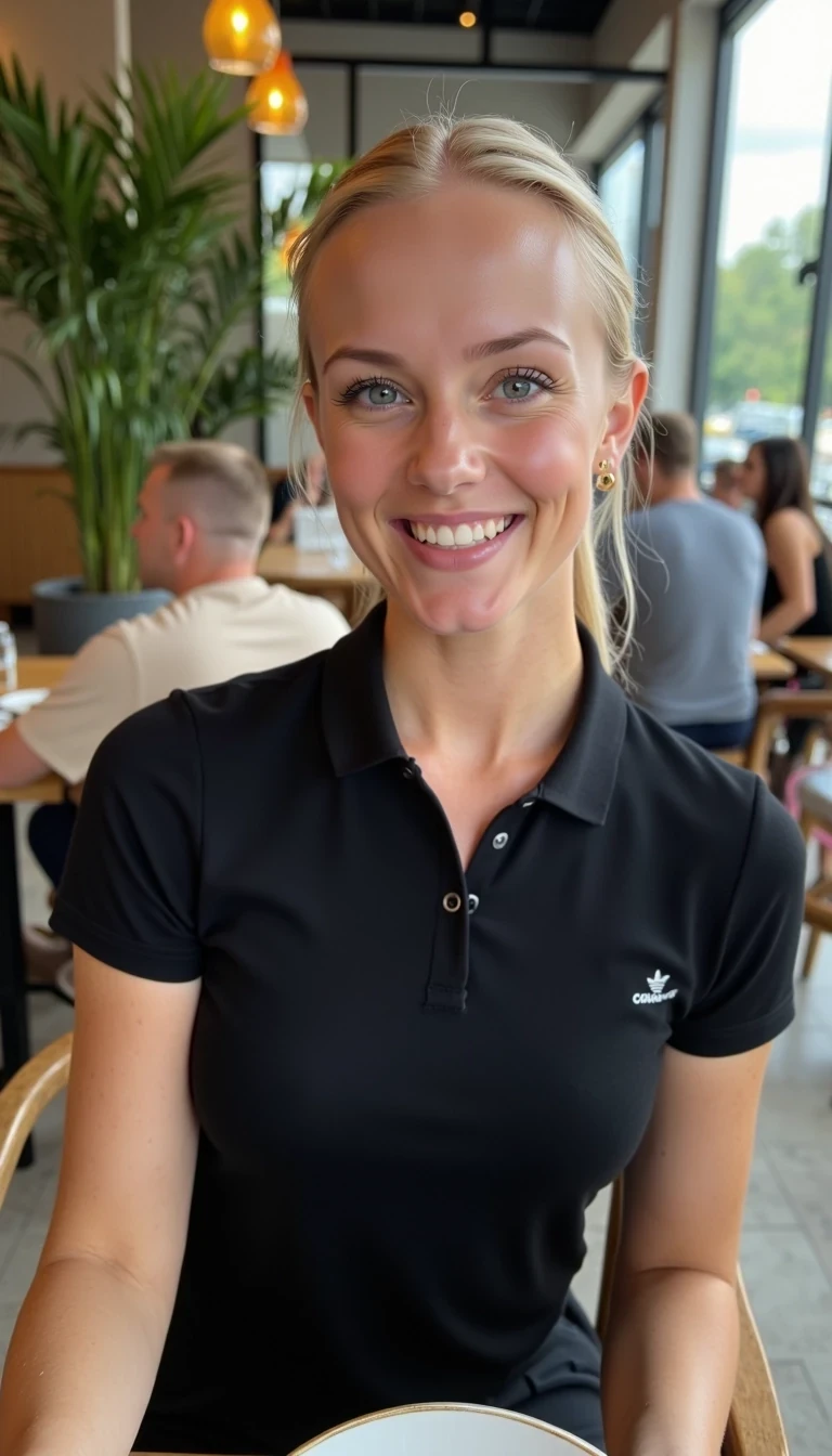 CSTMDL, Hailey, A photorealistic portrait of a young woman in her early 20s with fair porcelain skin, smooth complexion, subtle natural makeup with soft pink lips and light eyeliner, straight blonde hair tied back in a neat ponytail, bright blue eyes sparkling with warmth, friendly genuine smile revealing straight white teeth, confident and approachable demeanor, gazing directly at the viewer with engaging eye contact; she is wearing a fitted black short-sleeved polo shirt, tucked into slim black pants, no visible accessories; she isnt carrying anything. set in a modern upscale cafe interior with high ceilings, large floor-to-ceiling windows allowing soft diffused natural daylight to flood in from the right side, creating gentle highlights and soft shadows on her face and clothing, warm ambient hanging pendant lights with golden glow in the background; background details include a tall green potted plant with broad leaves to the left, patrons seated at wooden tables including a man in a beige shirt facing away, another in gray chatting, and a woman in a black tank top with long brown hair; dominant colors are neutral blacks and grays with pops of green foliage, warm wood tones; overall welcoming and lively casual dining atmosphere, evoking freshness and hospitality; composition is a medium close-up shot from a slight low angle to emphasize approachability, framed centrally with balanced symmetry, captured with a Canon EOS 5D Mark IV camera using a 50mm prime lens at f/2.8 aperture for shallow depth of field, ISO 100 for crisp details, natural window lighting supplemented by soft indoor LEDs at 4000K color temperature, hyper-realistic textures like the soft cotton weave of the polo shirt, and smooth skin pores; ultra-detailed, hyperrealism, photorealistic rendering indistinguishable from a high-resolution photograph, 8k resolution, sharp focus on the woman and plate with bokeh background.