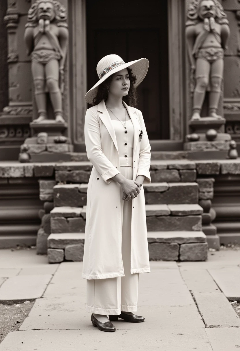 A photo of a woman CSTMDL, hair tied, stands confidently in front of an ancient Cambodian Khmer temple, wearing a vintage 1900 inspired, cream-colored suit with a long coat and wide-legged dress. She wears a small pendant. The photo is an old black and white type. She dons a vintage white explorer hat adorned with a decorative band, and her hands are gently crossed behind her back. The background features large stone statues and intricate carvings, evoking a sense of historical grandeur. The wooden walkway beneath her adds a touch of rustic charm to the scene.