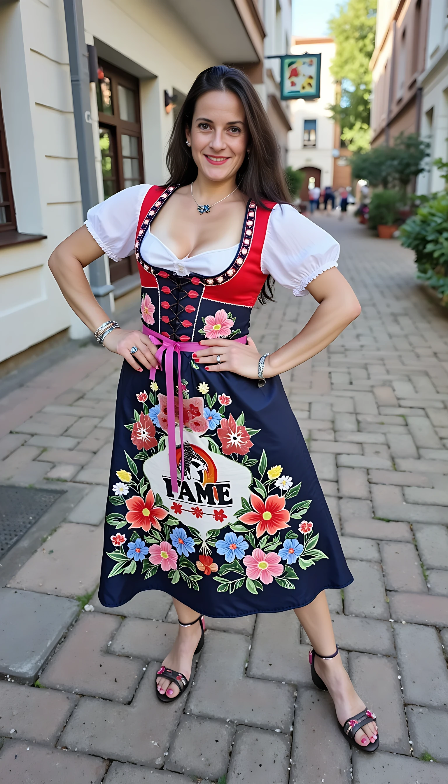 photo of brunette woman CSTMDL mature, small puffy saggy tits in czech national costume i the street carvival