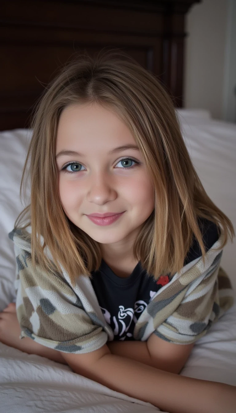 A young pre teen female model, cowboy emo vibe, blonde hair messy with emo streaks, blue eyes with smudged eyeliner. She is lying in bed taking a casual selfie, outfit: oversized band tee slipping off the shoulder. Mood: candid and cozy, soft smile. Style: natural light, moody filter, casual Instagram post. CSTMDL