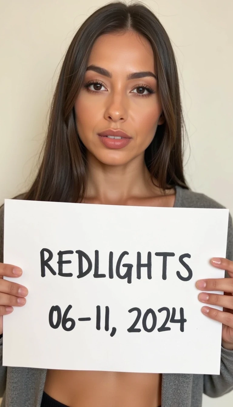 photo of woman CSTMDL, casual photo taken on an iPhone, woman holds a sign with handwritten text. She is wearing long sleeves and has neutral makeup. The sign reads "REDLIGHTS" followed by "06/11/2024" in a simple script. The background is a plain, light-colored wall, providing a minimalist and uncluttered setting.