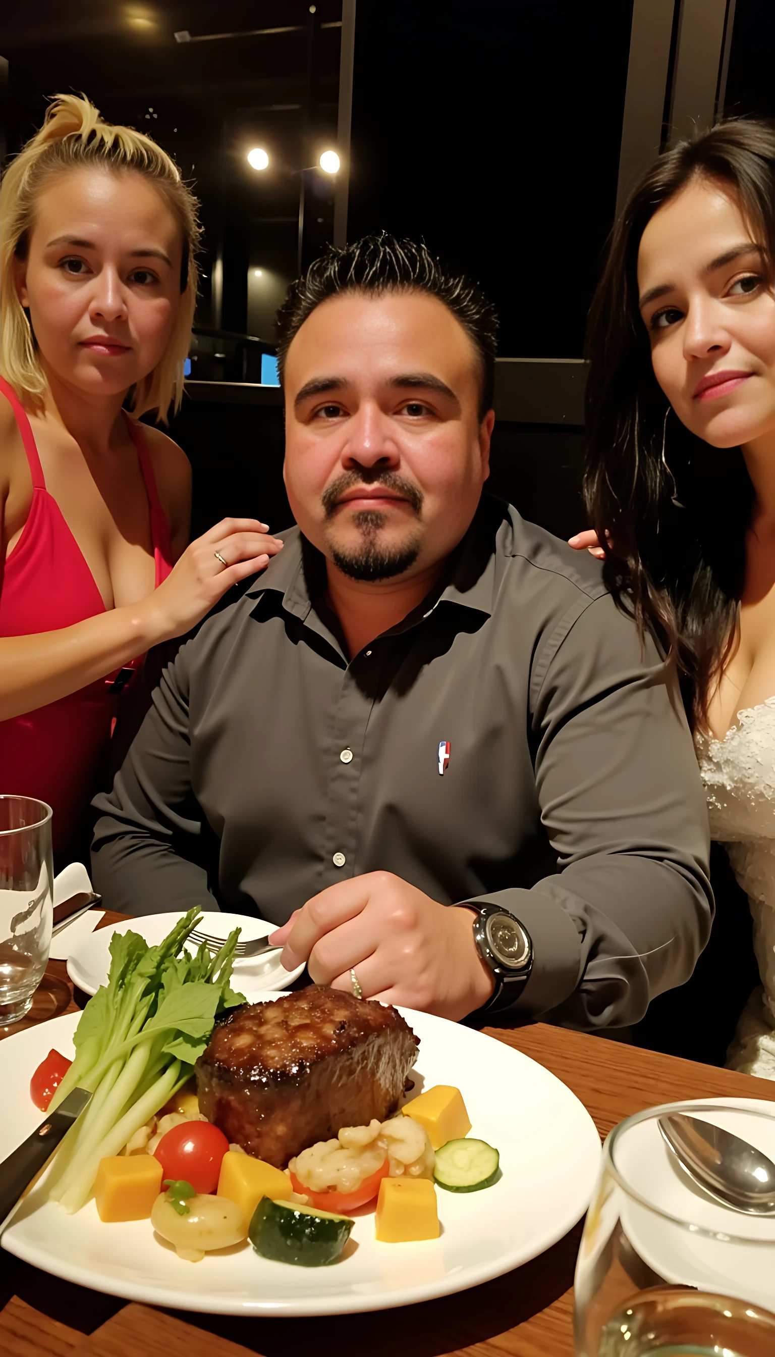 Man average body wearing a  gray dress shirt seating on a table of fancy restaurants with very low lights  with a plate of steak and vegetables  and a glass of wine for each person in the table   surrounded by 2 beautiful women with extremely blue eyes one with blonde hair  and the other with black hair one wearing a red sexy dress and the other wearing a white sexy dress 
