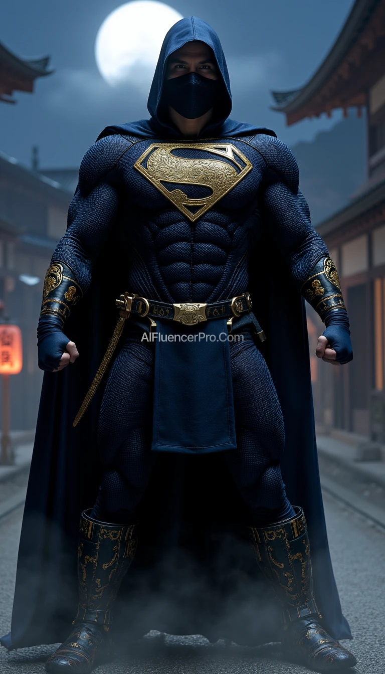 Superman in a ninja appearance, wearing a dark blue costume with intricate golden embroidery inspired by Japanese designs on the arms and chest, featuring his iconic 'S' emblem prominently displayed on the chest in gold. His cape seamlessly integrated into the costume, designed for stealth. Superman is in a striking pose, knees slightly bent, one hand holding a ninja-style sword, and the other forming a clenched fist ready to strike. The background features a traditional Japanese village at night with a full moon and thin mist, creating a mysterious and dramatic atmosphere.
