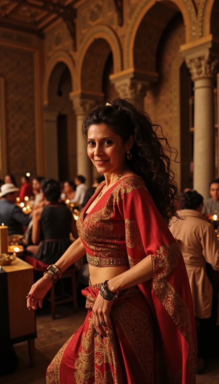 photo of a woman CSTMDL, A film pin-up cheesecake photo of an Iranian woman in ancient Persia, around 25 years old, in the year 480 BCE, with a pin-up style twist. She is performing a traditional Persian dance at an opulent indoor feast. She is dressed in intricate, traditional clothing that features rich fabrics and elaborate patterns, adorned with delicate jewelry. Her long, dark curly hair is styled in a manner suitable for the time period. Her flirtatious smile is directed at an unseen observer, adding a playful element to the scene. Around her, other Iranian women are seated at the feast, enjoying the lavish spread of food and drink. The backdrop features intricate patterns and textures, enhancing the opulent ambiance of the setting. The atmosphere is both festive and elegant, with dramatic lighting that gives the scene a timeless quality.