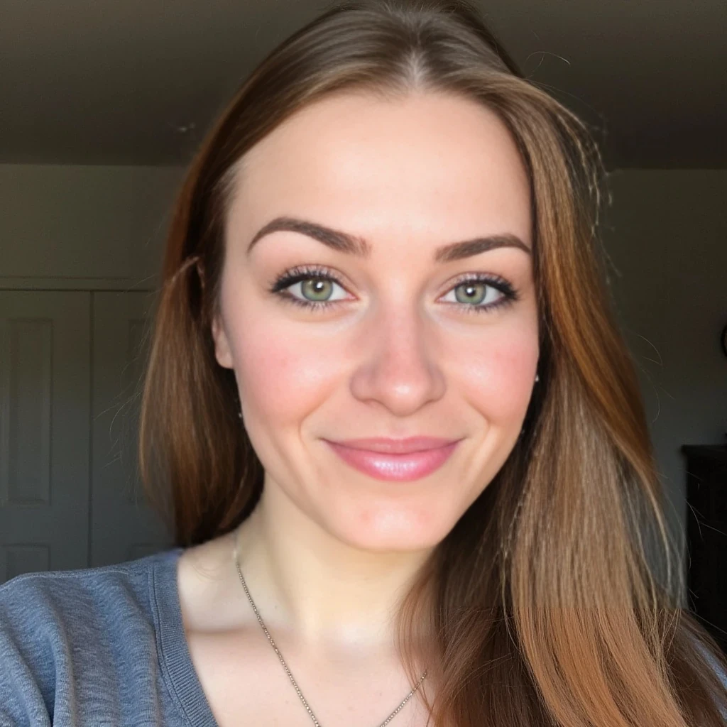 boring low quality snapchat photo circa 2015, cute woman,  soft light brown hair, selfie, intense blue eyes, beautiful smile, light freckles, standing, full body