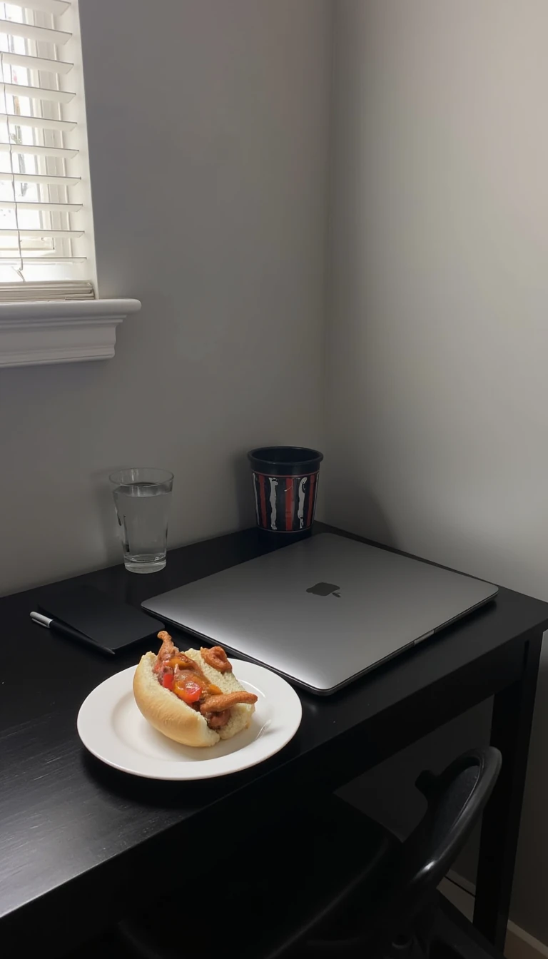 boring low quality snapchat photo circa 2015, this picture is being taken of a black desk in the corner of a room touching the grey walls to the right of the desk and behind the desk. The desk has an all black pen, a macbook air, a hotdog on a white plate and a glass of water on it. 