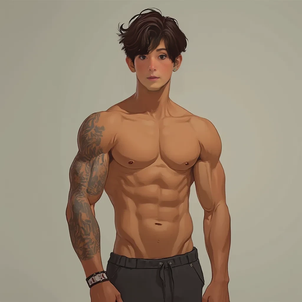 a 25 year old vaguely latino young adult who is relatively short (maybe between 5'4" - 5' 7") with short brown hair.  Defined abs, but relatively skinny, some arm muscle but not a ton.