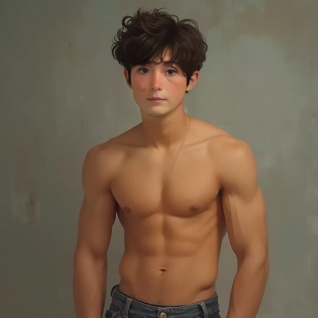 a 25 year old vaguely latino young adult who is relatively short (maybe between 5'4" - 5' 7") with short brown hair.  Defined abs, but relatively skinny, some arm muscle but not a ton.