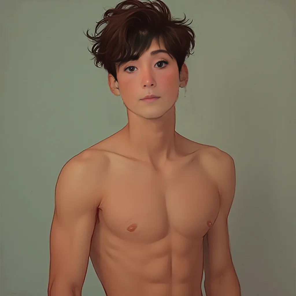 a 25 year old vaguely latino young adult who is relatively short (maybe between 5'4" - 5' 7") with short brown hair.  Defined abs, but relatively skinny, some arm muscle but not a ton.