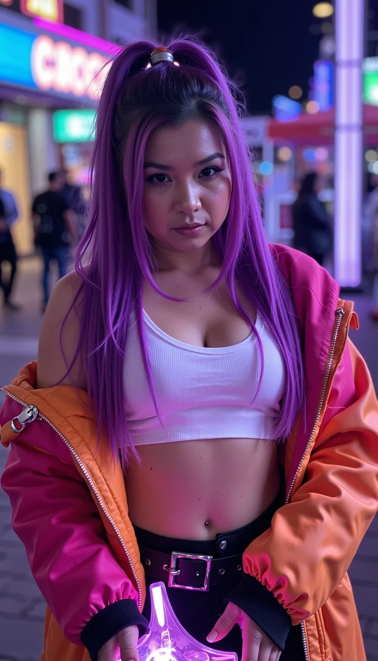 Snapchat-style CSTMDL Beautiful cosplayer styled as a K-pop demon hunter, long vibrant purple hair in a high ponytail, flawless glowing skin, bold eyeliner and glossy lips, wearing a stylish cropped top with a bright statement jacket, detailed fantasy armor accents, holding a glowing rune weapon, neon cyber-fantasy background, cinematic close-up portrait, cosplay photography style 






