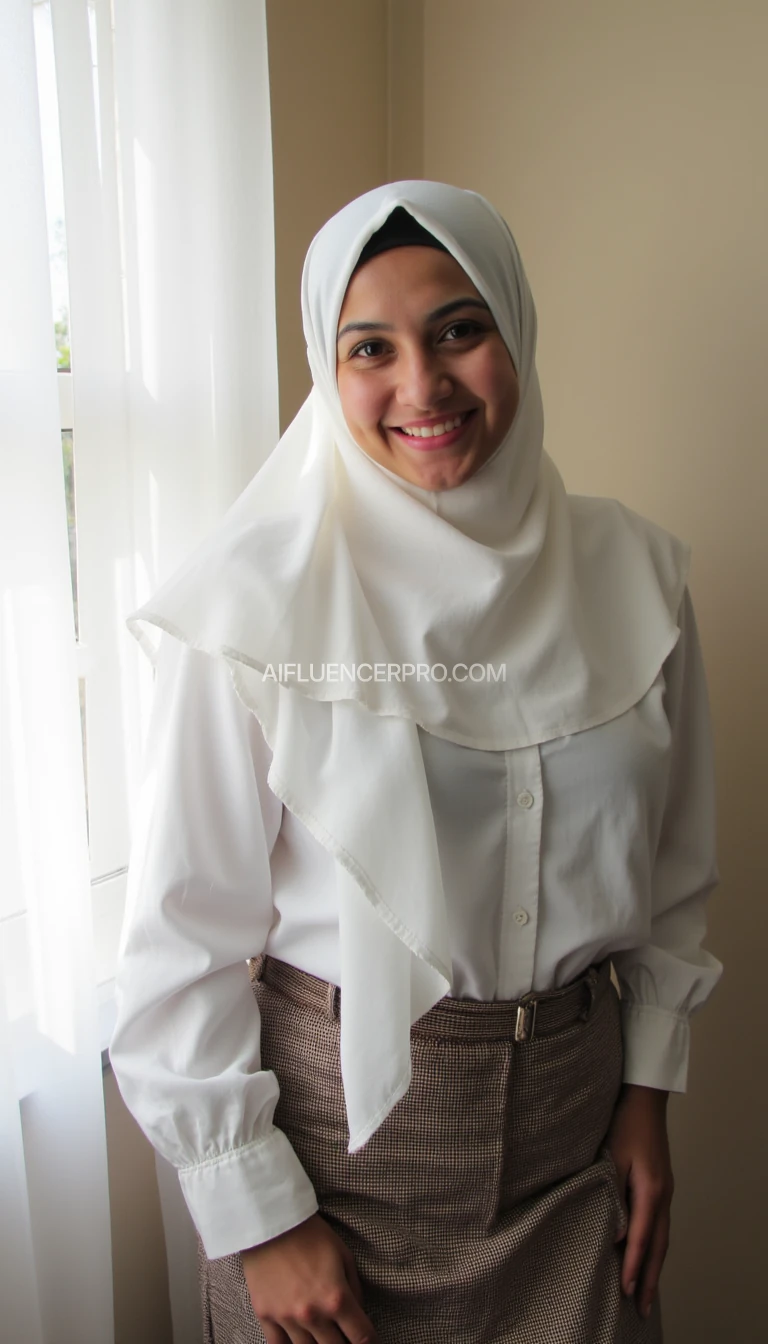 high quality model photo, A young woman with a warm smile, standing and posing for a clothing model. wearing a white hijab. Sunlight comes in through the window, casting a soft glow on her face.