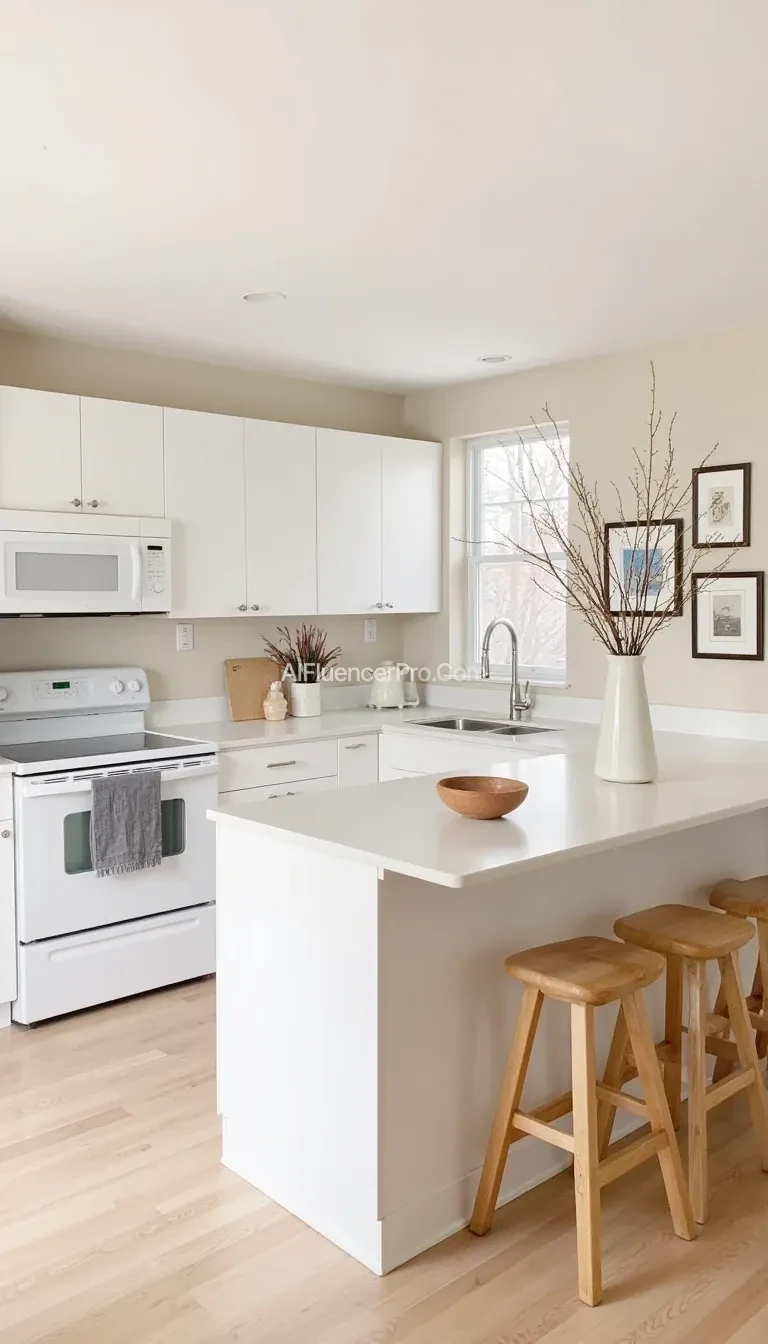 A modern, minimalist kitchen rocks a neutral color scheme with white cabinets, a white countertop, and light wood flooring. On the right, a white island with three wooden barstools is decked out with a vase of dried branches and a small bowl. Above the island, a bunch of framed art pieces hang on a beige wall. On the left, a white oven and microwave chill next to a sink. The space is bathed in soft, natural light, giving it a cozy, inviting vibe.

