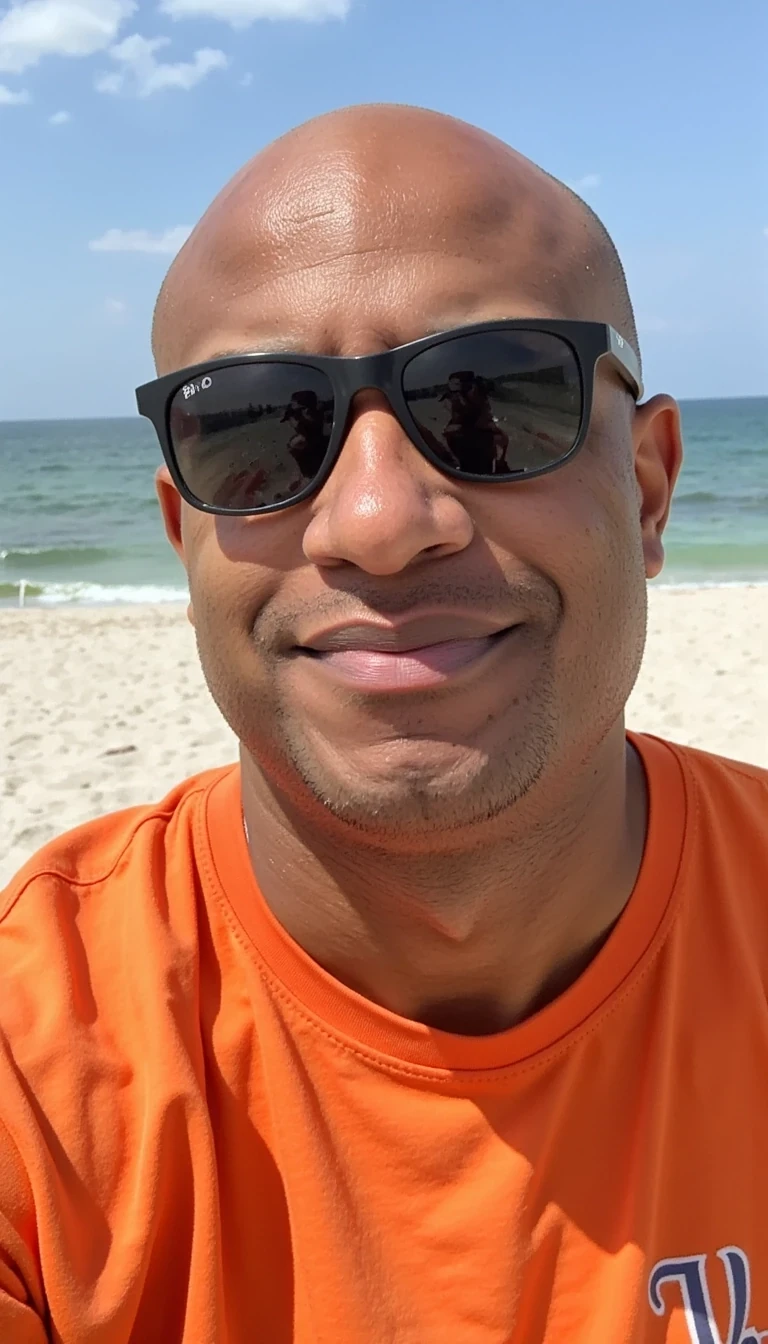 Photorealistic, sunglasses, playing beach volleyball, spicy , bald and younger look of Carter, man, cstmdl